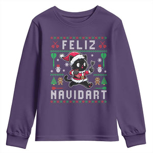 Santa Cat Feliz Navidart Youth Sweatshirt Funny Dartist Ugly Christmas Gift TS12 Purple Print Your Wear