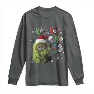 Funny Cat Throwing Dart Ho Ho Ho Long Sleeve Shirt Christmas Gift For Dart Player TS12 Dark Heather Print Your Wear