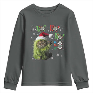 Funny Cat Throwing Dart Ho Ho Ho Youth Sweatshirt Christmas Gift For Dart Player TS12 Dark Heather Print Your Wear