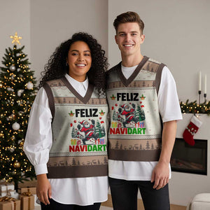 Dartist Feliz Navidart V-Neck Knit Sweater Vest Funny Santa Running From Darts Xmas Gift TS12 Mocha Mousse Print Your Wear