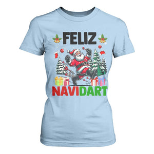 Dartist Feliz Navidart T Shirt For Women Funny Santa Running From Darts Christmas Gift TS12 Light Blue Print Your Wear