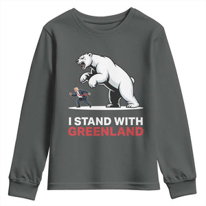 I Stand With Greenland Youth Sweatshirt Anti Fascist Political Parody Gift TS12 Dark Heather Print Your Wear