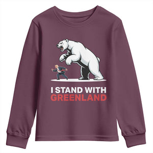 I Stand With Greenland Youth Sweatshirt Anti Fascist Political Parody Gift TS12 Maroon Print Your Wear