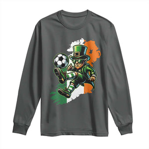 Funny Leprechaun Playing Soccer Long Sleeve Shirt St Patricks Day TS12 Dark Heather Print Your Wear