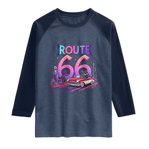 Route Highway 66 Americana Adventure Raglan Shirt Cute Raccoon Driving Car TS12 Heather Denim Navy Print Your Wear