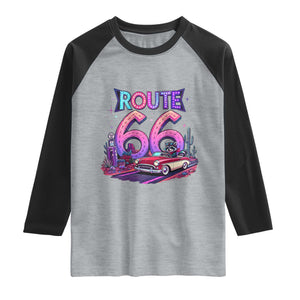 Route Highway 66 Americana Adventure Raglan Shirt Cute Raccoon Driving Car TS12 Heather Gray Black Print Your Wear