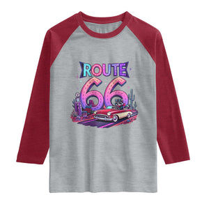 Route Highway 66 Americana Adventure Raglan Shirt Cute Raccoon Driving Car TS12 Heather Gray Heather Red Print Your Wear