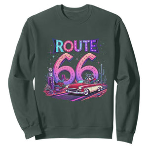 Route Highway 66 Americana Adventure Sweatshirt Cute Raccoon Driving Car TS12 Dark Forest Green Print Your Wear