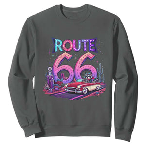 Route Highway 66 Americana Adventure Sweatshirt Cute Raccoon Driving Car TS12 Dark Heather Print Your Wear