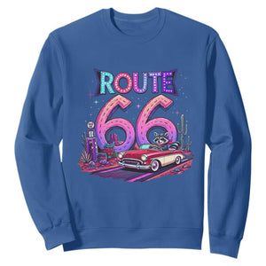 Route Highway 66 Americana Adventure Sweatshirt Cute Raccoon Driving Car TS12 Royal Blue Print Your Wear