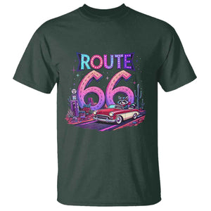 Route Highway 66 Americana Adventure T Shirt Cute Raccoon Driving Car TS12 Dark Forest Green Print Your Wear