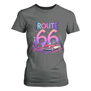 Route Highway 66 Americana Adventure T Shirt For Women Cute Raccoon Driving Car TS12 Dark Heather Print Your Wear