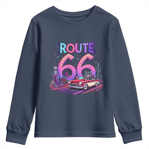 Route Highway 66 Americana Adventure Youth Sweatshirt Cute Raccoon Driving Car TS12 Navy Print Your Wear