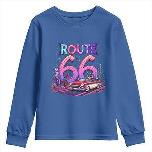 Route Highway 66 Americana Adventure Youth Sweatshirt Cute Raccoon Driving Car TS12 Royal Blue Print Your Wear