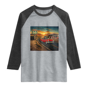 Route Highway 66 Raccoon Raglan Shirt Americana Road Trip TS12 Heather Gray Heather Charcoal Print Your Wear