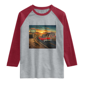 Route Highway 66 Raccoon Raglan Shirt Americana Road Trip TS12 Heather Gray Heather Red Print Your Wear