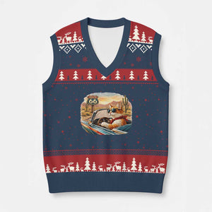 Route Highway 66 Cat V-Neck Knit Sweater Vest Americana Road Trip TS12 Navy Red Print Your Wear