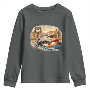 Route Highway 66 Cat Youth Sweatshirt Americana Road Trip TS12 Dark Heather Print Your Wear
