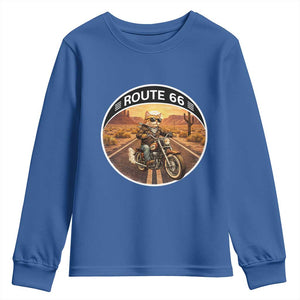Route Highway 66 Motorcycle Cat Youth Sweatshirt Road Trip Adventure TS12 Royal Blue Print Your Wear