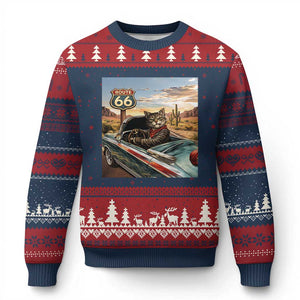 Funny Route Highway 66 Cat Lover Ugly Christmas Sweater Mother Road Travel Gift TS12 Navy Red Print Your Wear