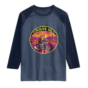 Route Highway 66 Motorcycle Cat Raglan Shirt Open Road Adventure Neon TS12 Heather Denim Navy Print Your Wear