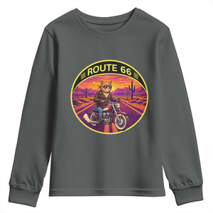 Route Highway 66 Motorcycle Cat Youth Sweatshirt Open Road Adventure Neon TS12 Dark Heather Print Your Wear