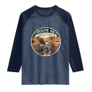 Route Highway 66 Motorcycle Eagle Raglan Shirt Americana Adventure TS12 Heather Denim Navy Print Your Wear