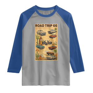 Vintage Route Highway 66 Road Trip Poster Raglan Shirt Open Road Adventure TS12 Sport Gray Royal Print Your Wear