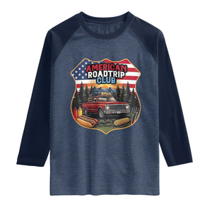 Route Highway 66 Raglan Shirt Vintage American Roadtrip Club Road Trip TS12 Heather Denim Navy Print Your Wear