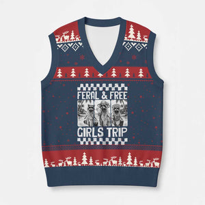 Funny Raccoon Girls Trip Travel V-Neck Knit Sweater Vest Feral And Free TS12 Navy Red Print Your Wear