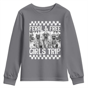 Funny Raccoon Girls Trip Travel Youth Sweatshirt Feral And Free TS12 Charcoal Print Your Wear