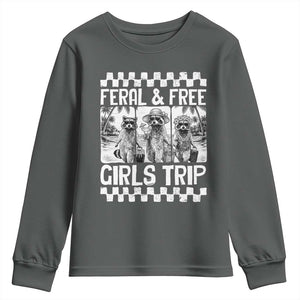 Funny Raccoon Girls Trip Travel Youth Sweatshirt Feral And Free TS12 Dark Heather Print Your Wear