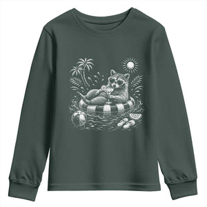 Funny Beach Vacation Trash Panda Youth Sweatshirt Summer Raccoon Graphic TS12 Dark Forest Green Print Your Wear