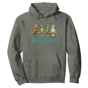 Hello Summer Parrots Hoodie Tropical Beach Vacation Graphic TS12 Military Green Print Your Wear