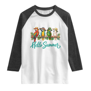 Hello Summer Parrots Raglan Shirt Tropical Beach Vacation Graphic TS12 White Heather Charcoal Print Your Wear