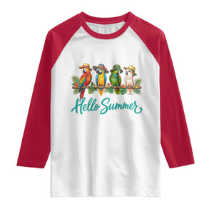 Hello Summer Parrots Raglan Shirt Tropical Beach Vacation Graphic TS12 White Red Print Your Wear