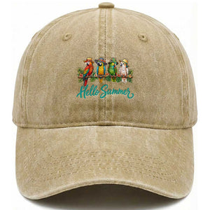 Hello Summer Parrots Washed Cotton Baseball Cap Tropical Beach Vacation Graphic