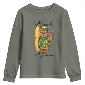Bruh Its Summer Youth Sweatshirt Funny Capybara Surfer Beach Vacation Gift TS12 Military Green Print Your Wear