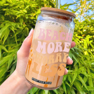 Beach More Worry Less Glass Can Boho Summer Vacation