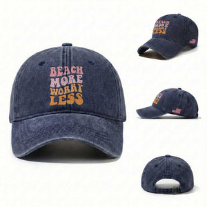 Beach More Worry Less Washed Cotton Baseball Cap Boho Summer Vacation
