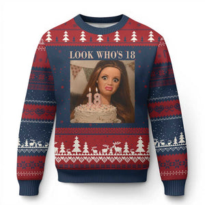 Look Who's 18 Ugly Christmas Sweater Funny Birthday Doll Face Meme