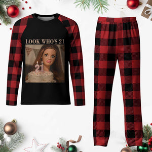 Look Who's 21 Plaid Pajama Set Funny Birthday Doll Face Meme