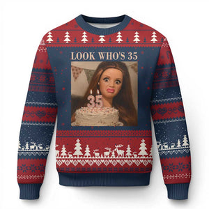 Look Who's 35 Ugly Christmas Sweater Funny Birthday Doll Face Meme
