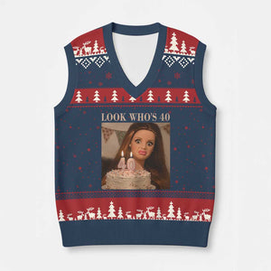 Look Who's 40 V-Neck Knit Sweater Vest Funny Birthday Doll Face Meme