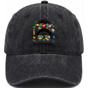 Sped Educator Autism Support Washed Cotton Baseball Cap Teach Kindness Messy Bun