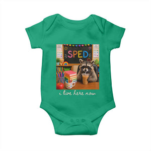 Funny SPED Raccoon Teacher Baby Onesie I Live Here Now
