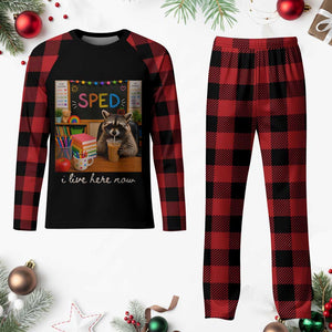 Funny SPED Raccoon Teacher Plaid Pajama Set I Live Here Now