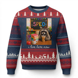 Funny SPED Raccoon Teacher Ugly Christmas Sweater I Live Here Now