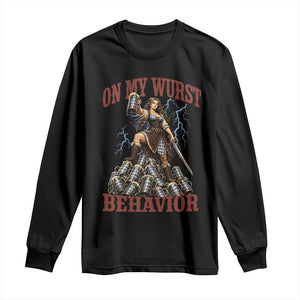 Bavarian Warrior Woman Drinking Beer Oktoberfest Graphic Long Sleeve Shirt On My Wurst Behavior