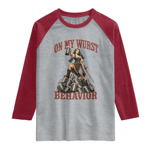 Bavarian Warrior Woman Drinking Beer Oktoberfest Graphic Raglan Shirt On My Wurst Behavior